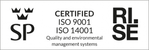 Certificates for ISO 9001, quality, and 14001, environment.